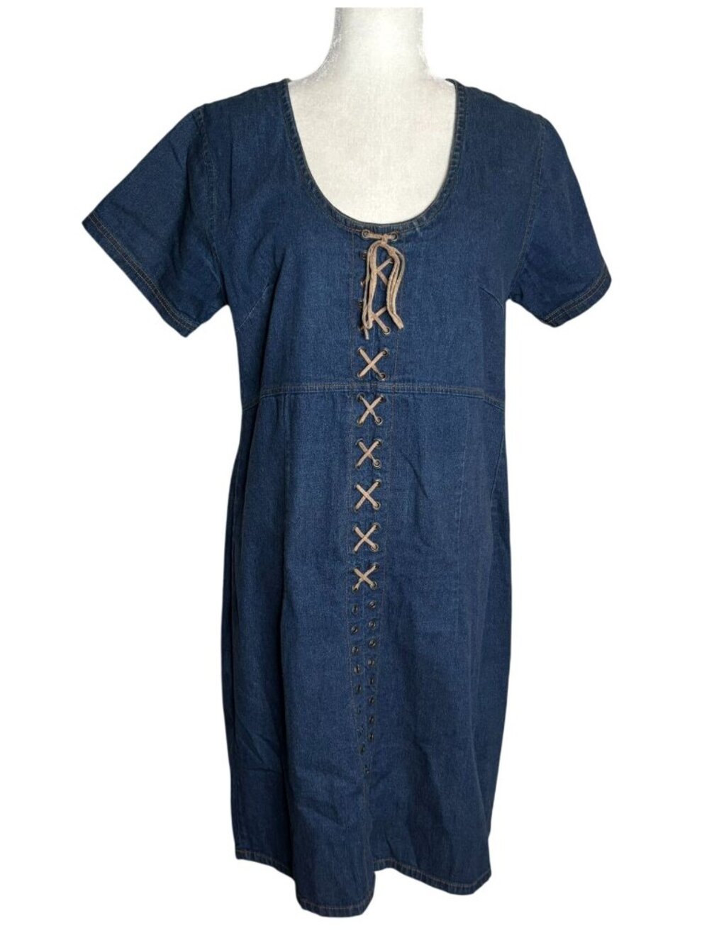 Vintage 90s Starwear Denim Lace Up Short Sleeve Dress Large Zipper Stretch